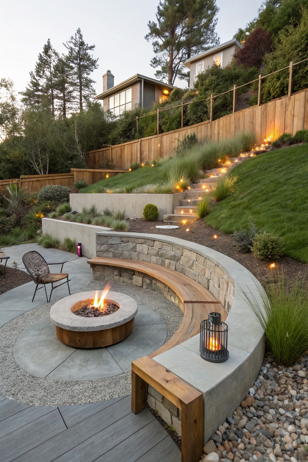 A backyard fire pit with a curved wooden bench built into a stone and concrete wall on a paved patio, next to illuminated garden steps.