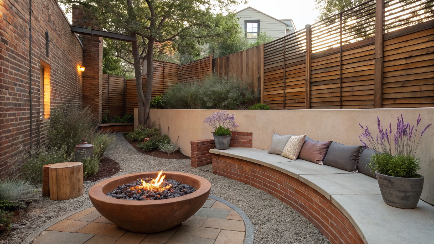 Modern patio with fire pit, curved bench, wooden fence, and string lights at dusk.