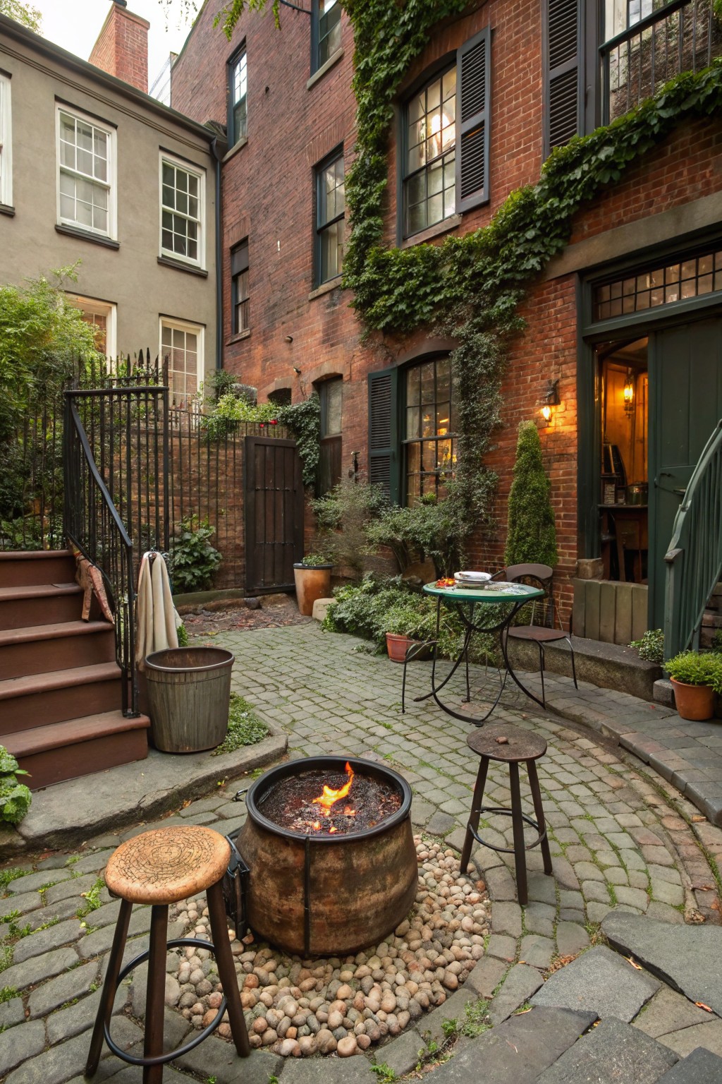 A small brick courtyard with a fire pit in a metal container set on pebbles, several wooden stools nearby, a round table with chairs, and ivy-covered walls.