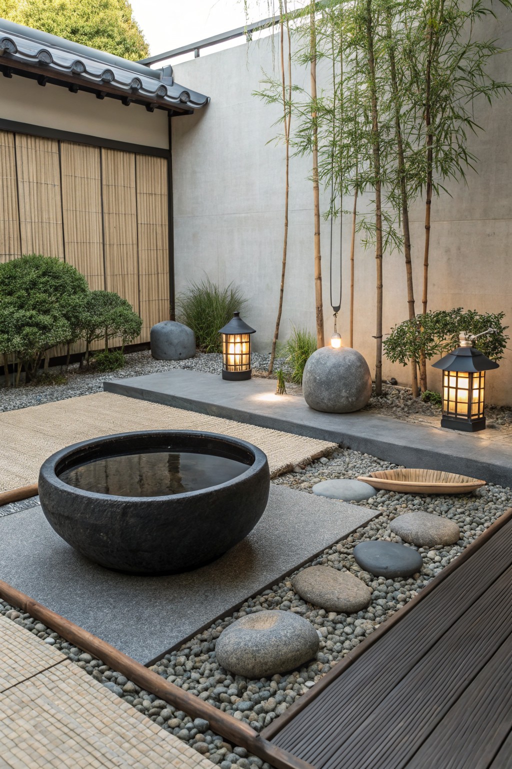 A small backyard garden with a large dark stone water basin on gravel, several lit lanterns, stepping stones, bamboo, and a low concrete platform against a plain wall.