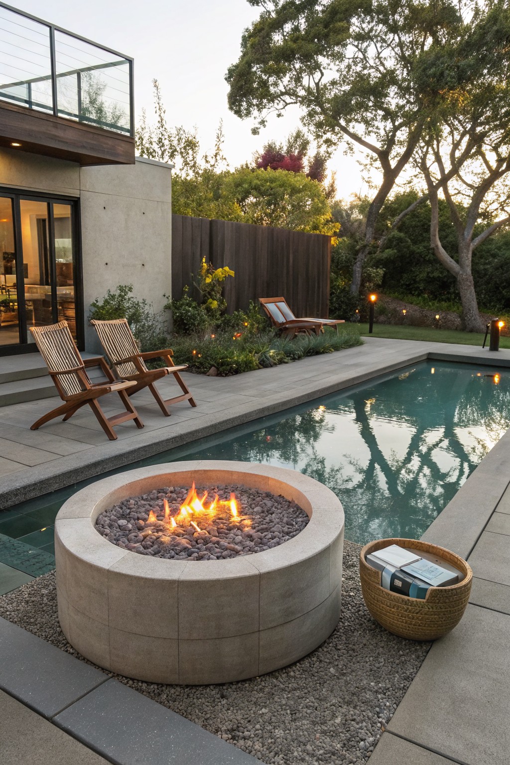 A round concrete fire pit on a gravel bed sits beside a swimming pool, with wooden lounge chairs on the adjacent patio and trees in the background.