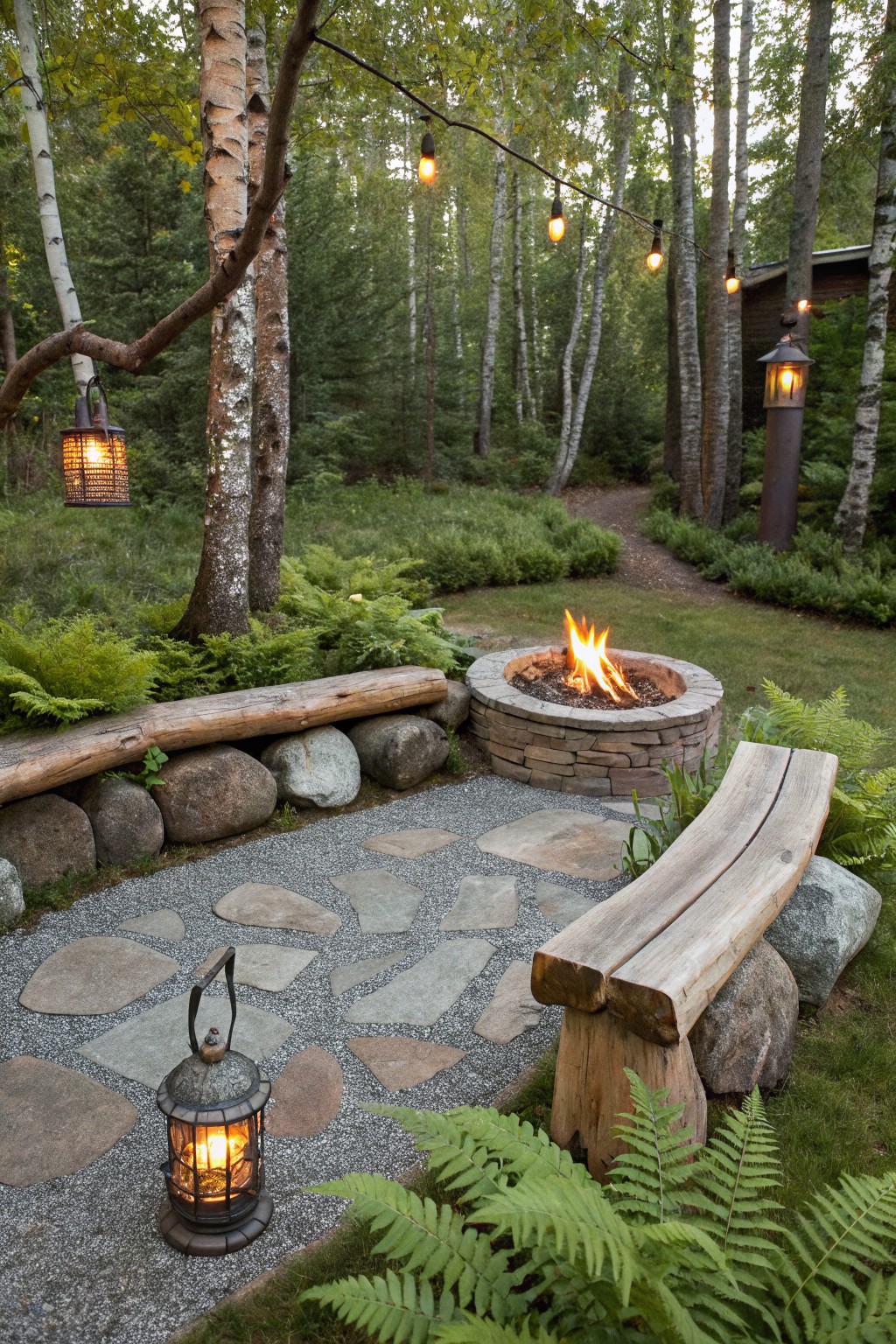 A small backyard fire pit made of stacked stone with a rustic wooden log bench beside it, a gravel path with flat stones, and lanterns hanging from trees.