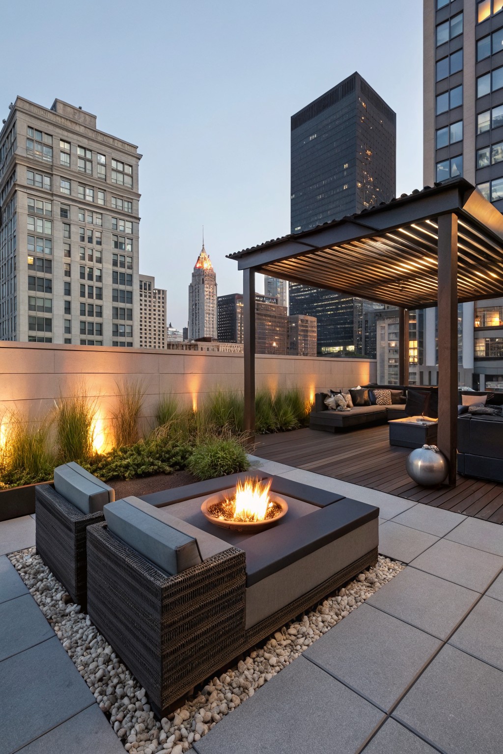 A modern rooftop patio at dusk shows a round fire pit set into white pebbles with two cushioned wicker chairs, next to a wooden deck holding a sectional sofa under a lit pergola, with city buildings in the background.