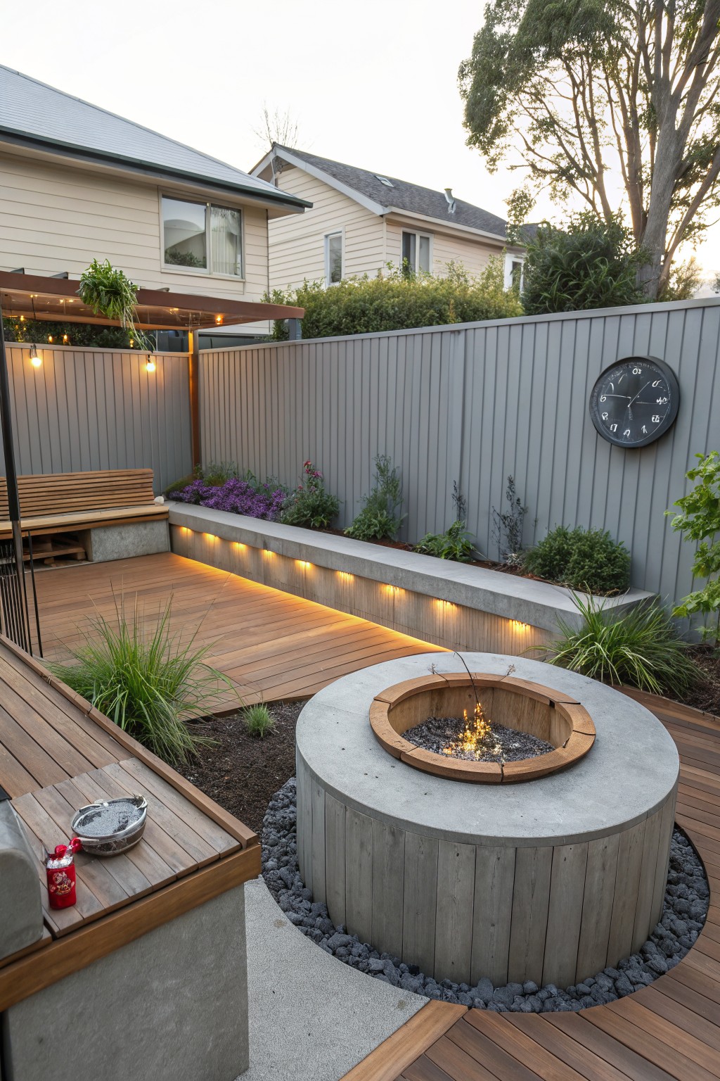 A round concrete fire pit with a wood rim is set into a wooden deck, surrounded by gravel and bordered by a low concrete bench and gray fence.