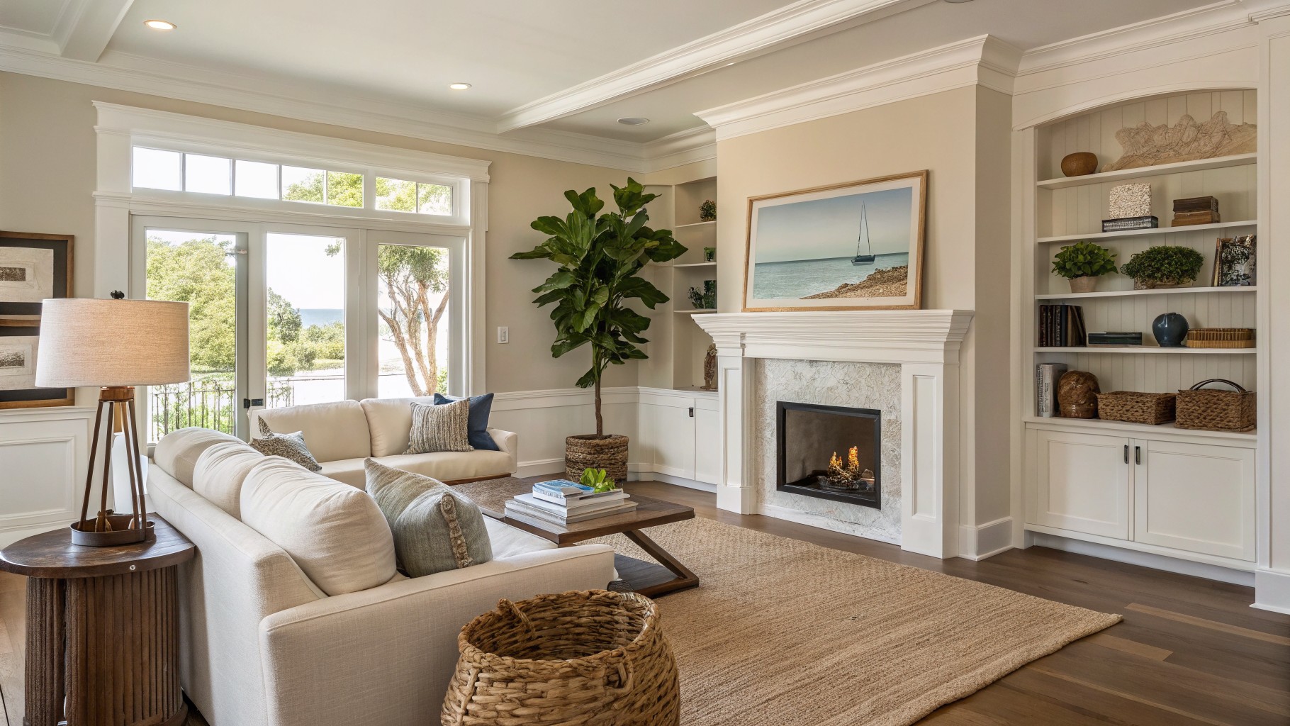 Light warm beige walls in a living room with white trim and wood floors.