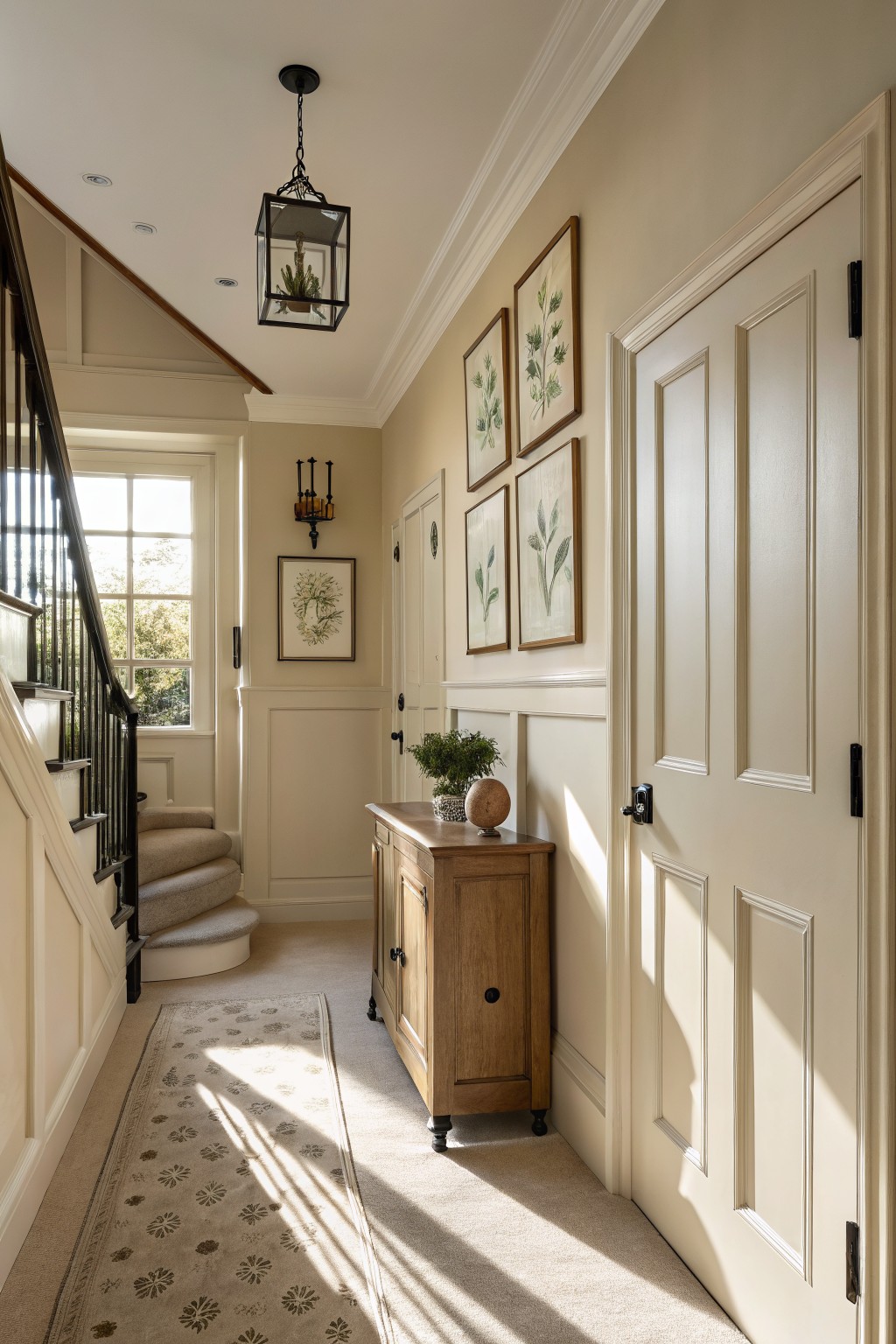 A hallway painted in warm beige with white wainscoting and wood accents.