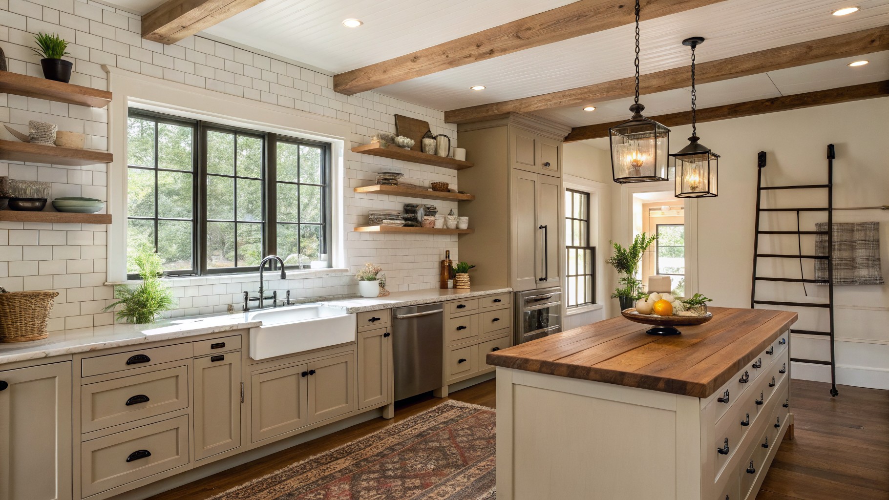 Warm greige cabinets in a farmhouse kitchen with wood countertops and white tile backsplash.