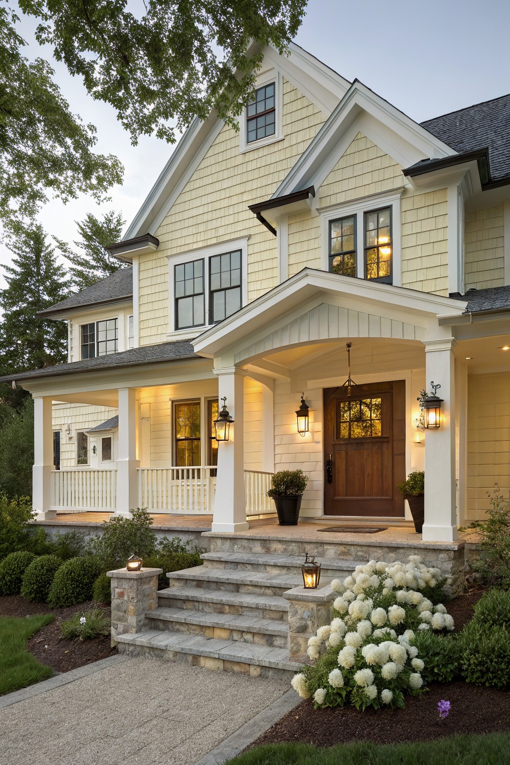 A farmhouse exterior with soft pale yellow siding and white trim.