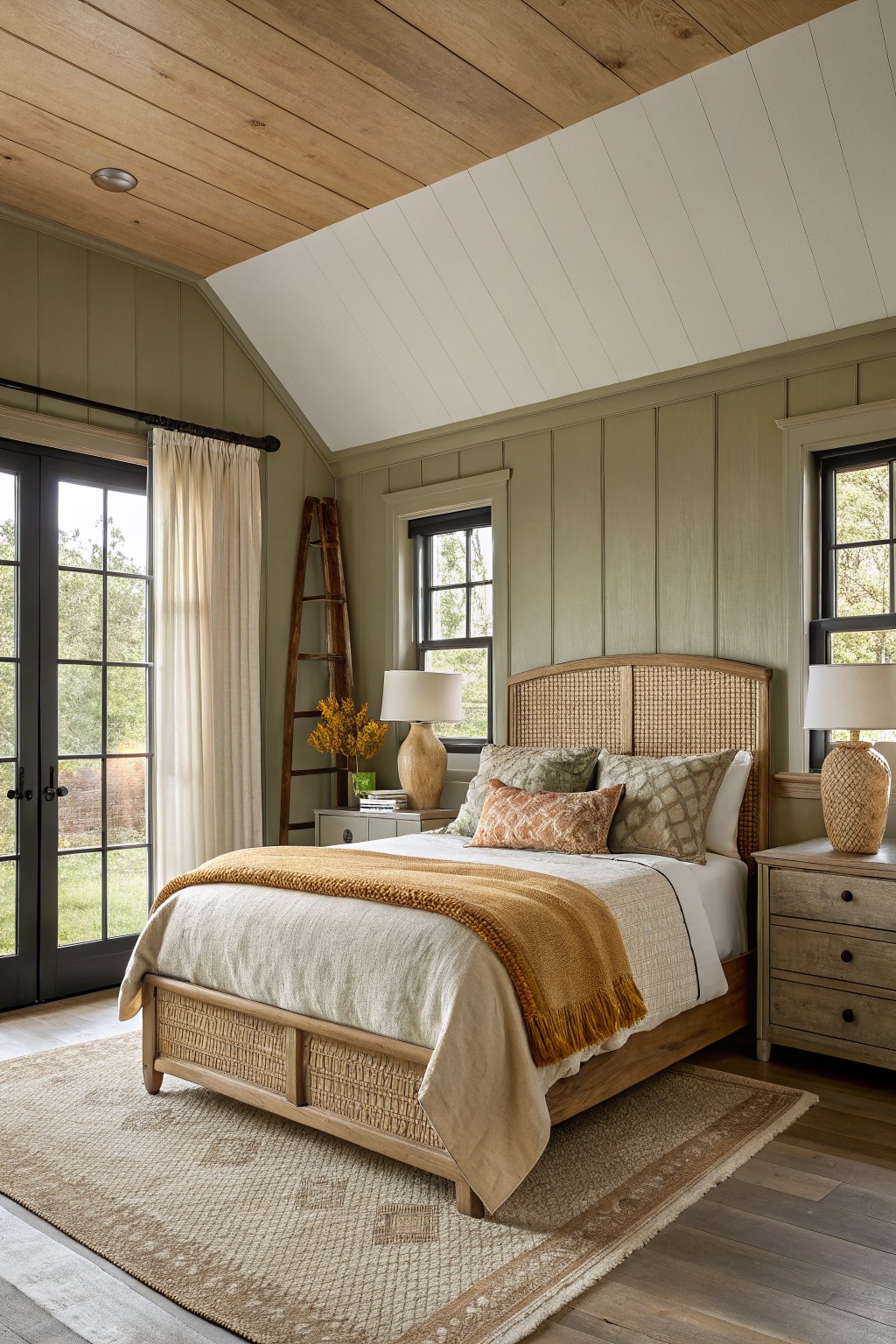 Cozy bedroom with cane headboard bed, mustard throw, green walls, and area rug