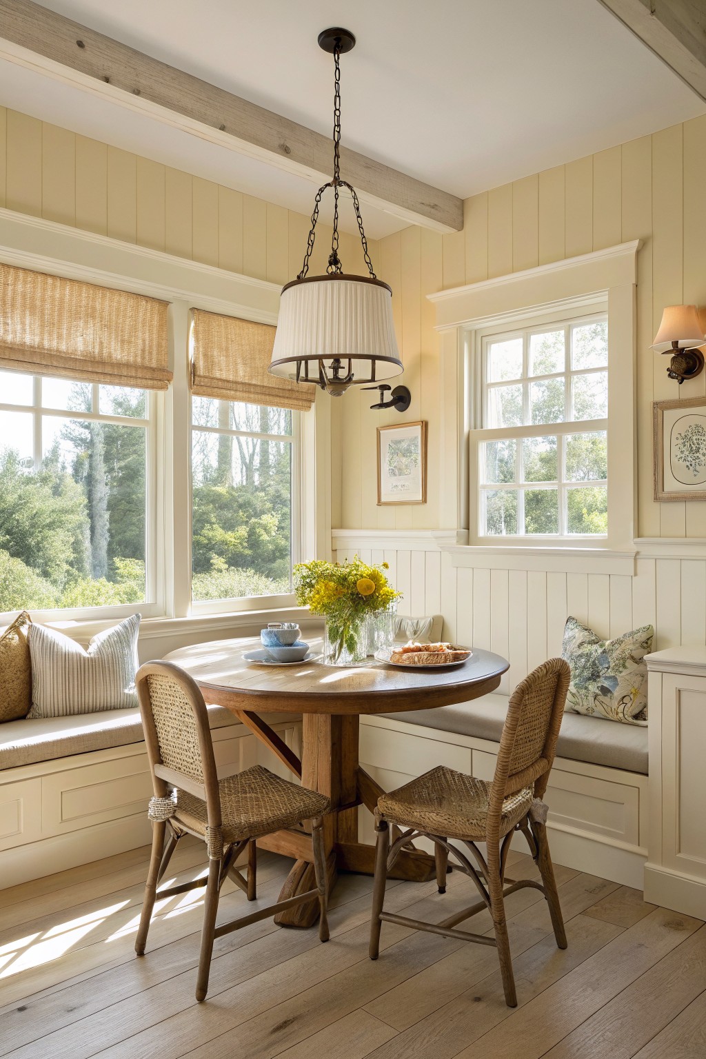 Pale yellow walls in a farmhouse breakfast nook with a round wooden table.