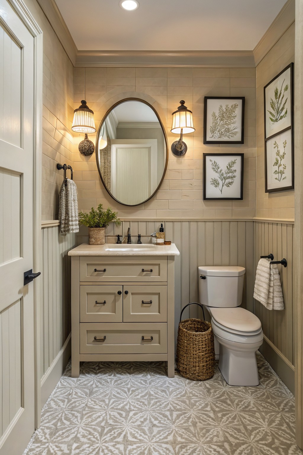 A small bathroom with warm beige walls and painted wainscoting.