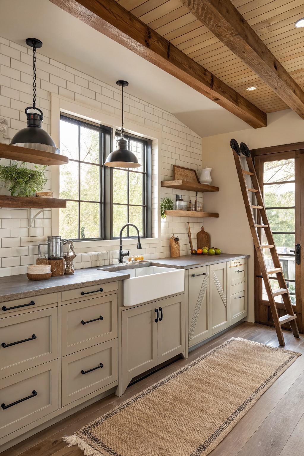 Warm greige cabinets in a farmhouse kitchen with wood countertops and white tile backsplash.