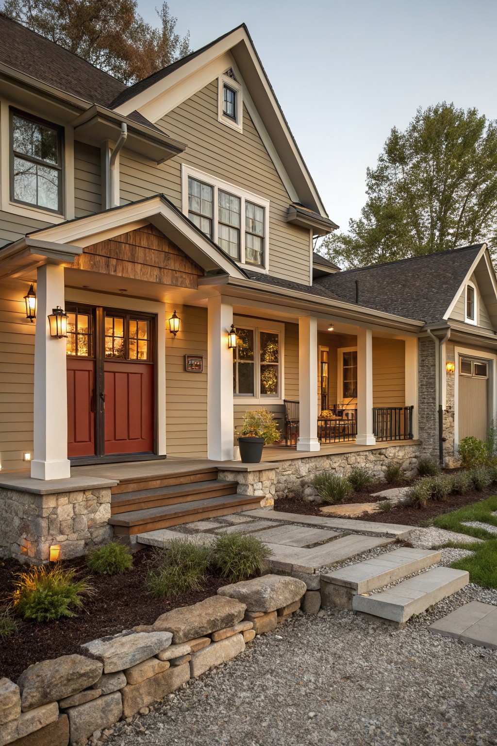 A farmhouse exterior painted in warm greige siding with stone accents.