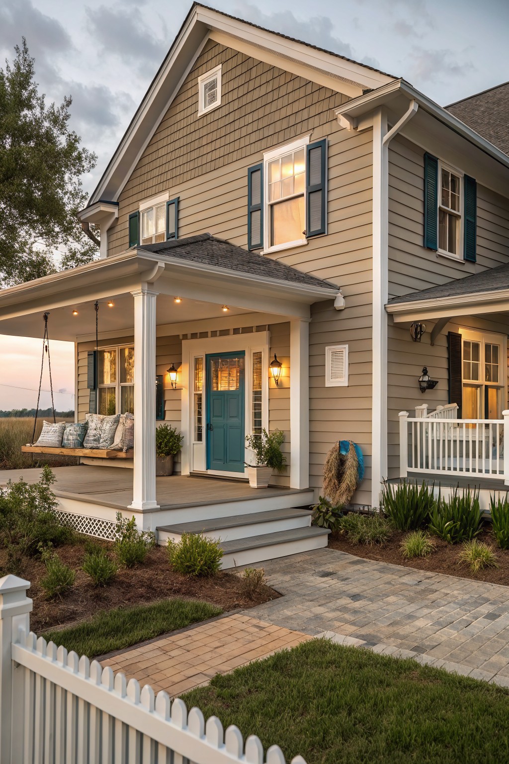 A house exterior with warm greige siding and white trim.