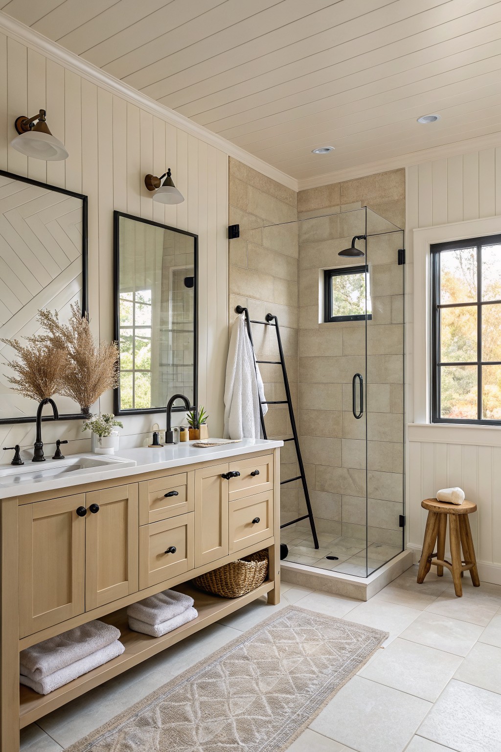 A bathroom with warm off-white walls, a wooden vanity, and a glass shower.