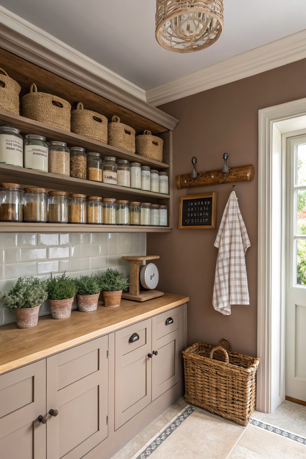 Warm taupe walls in a farmhouse pantry with open wooden shelves and painted cabinets.
