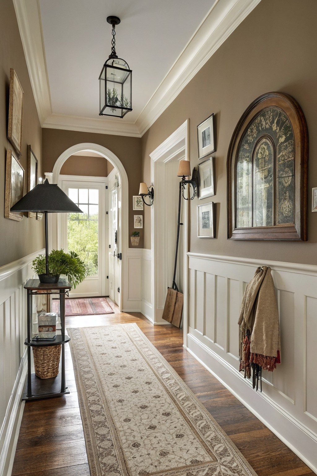 Elegant hallway with runner rug, arched doorway, pendant light, and large mirror.