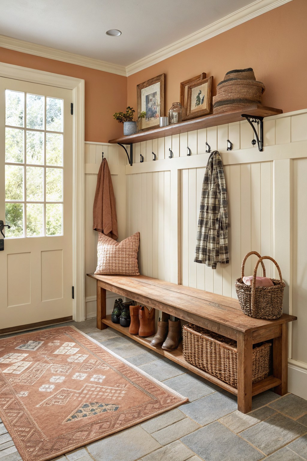 Warm terracotta paint on the upper walls above white beadboard in a farmhouse entryway.