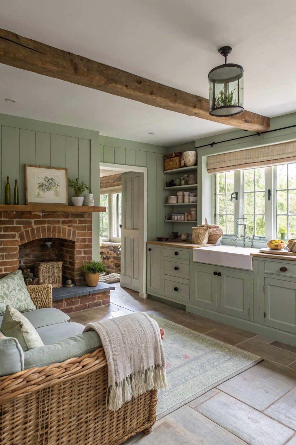 Pale sage green walls and cabinetry in an open kitchen and living space with wood beams.