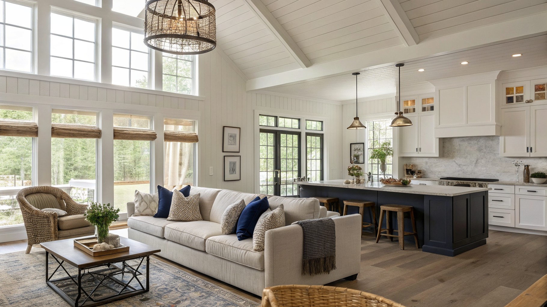 Light greige walls in an open great room with white trim and wood beams.