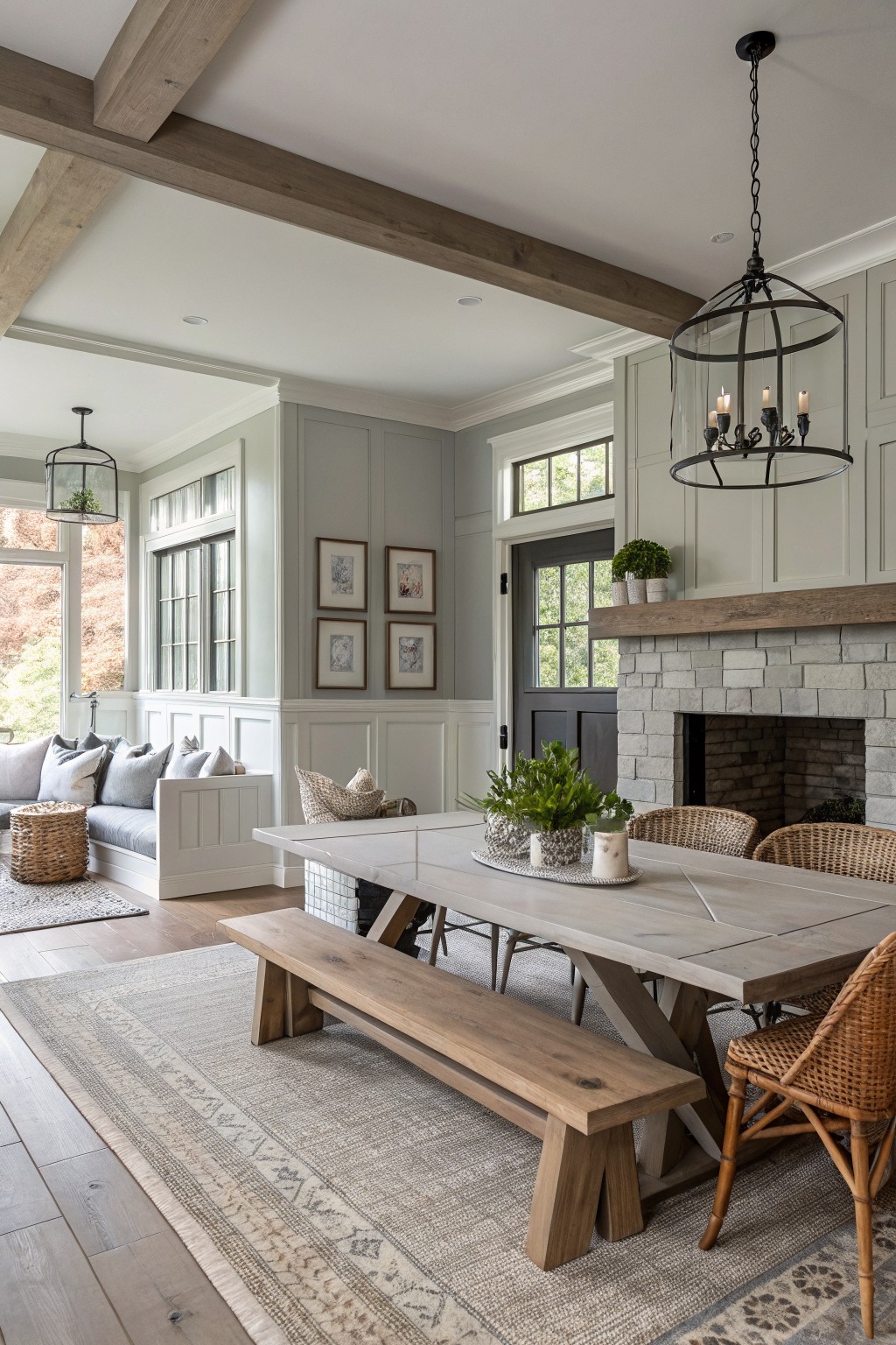 Light gray walls in a great room with wood beams and a stone fireplace.