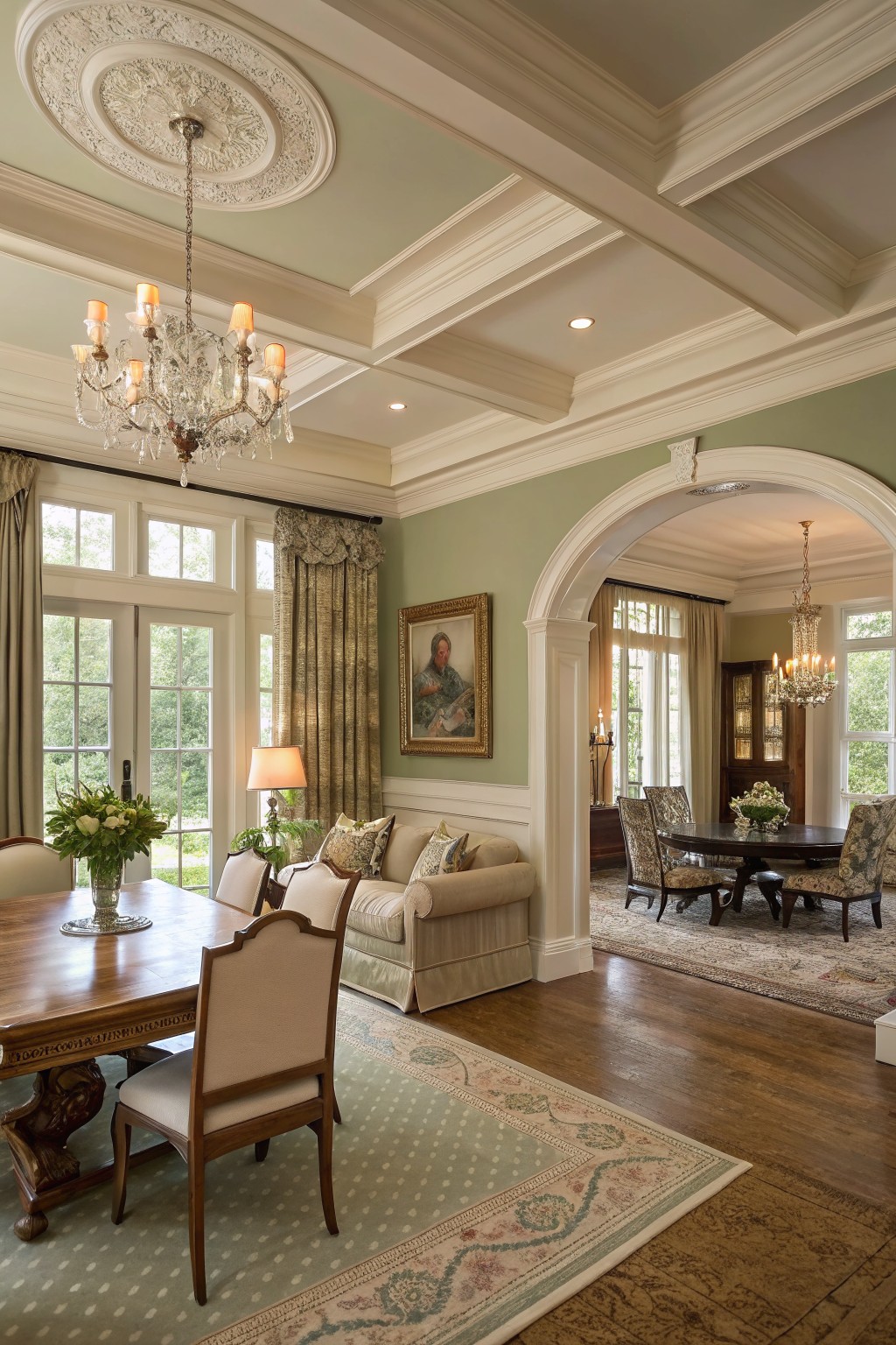 Elegant dining room with wooden table, chandeliers, sofa, arched doorway, and large windows.