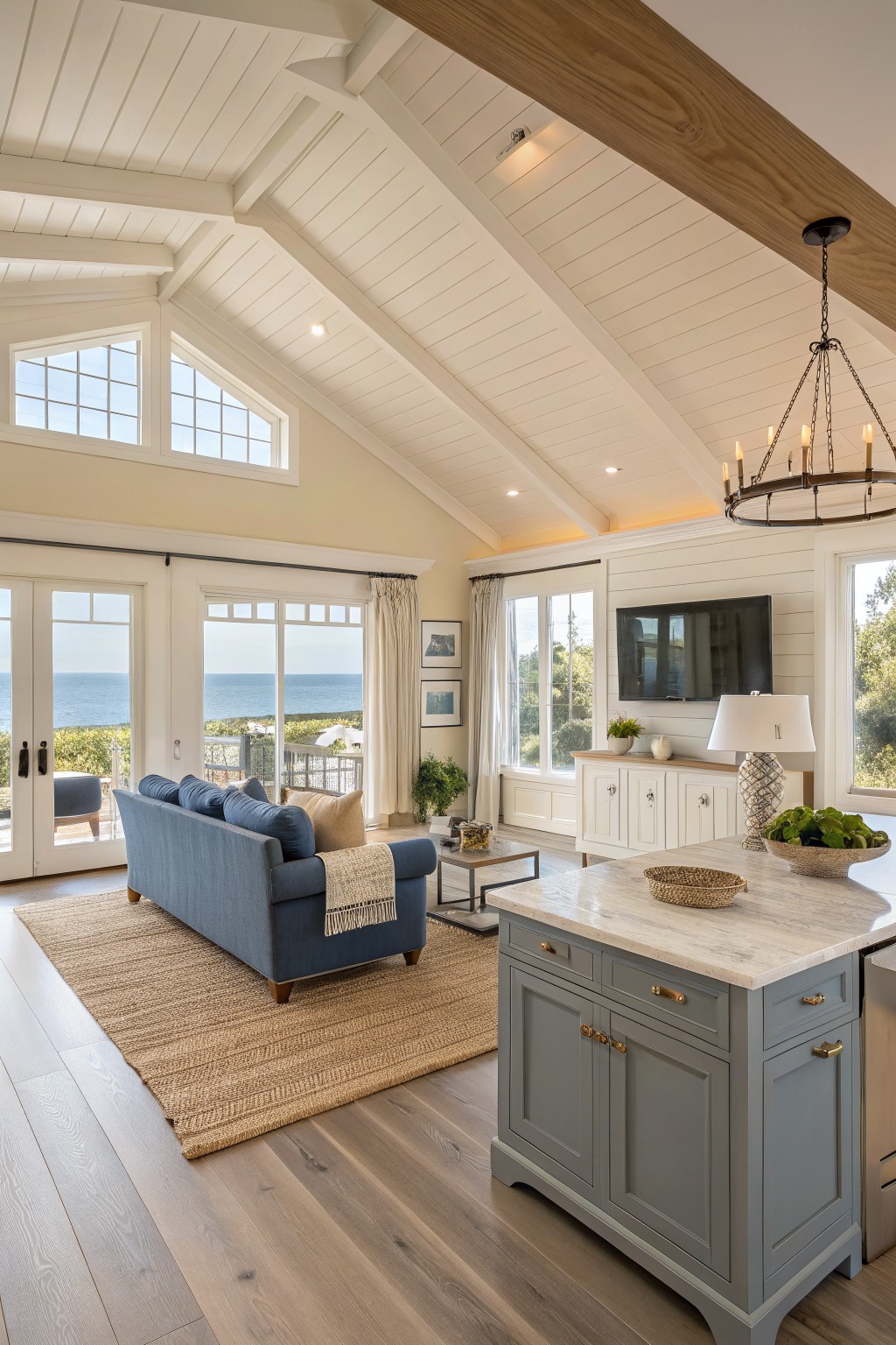 Light greige walls in an open great room with wood beams and flooring.