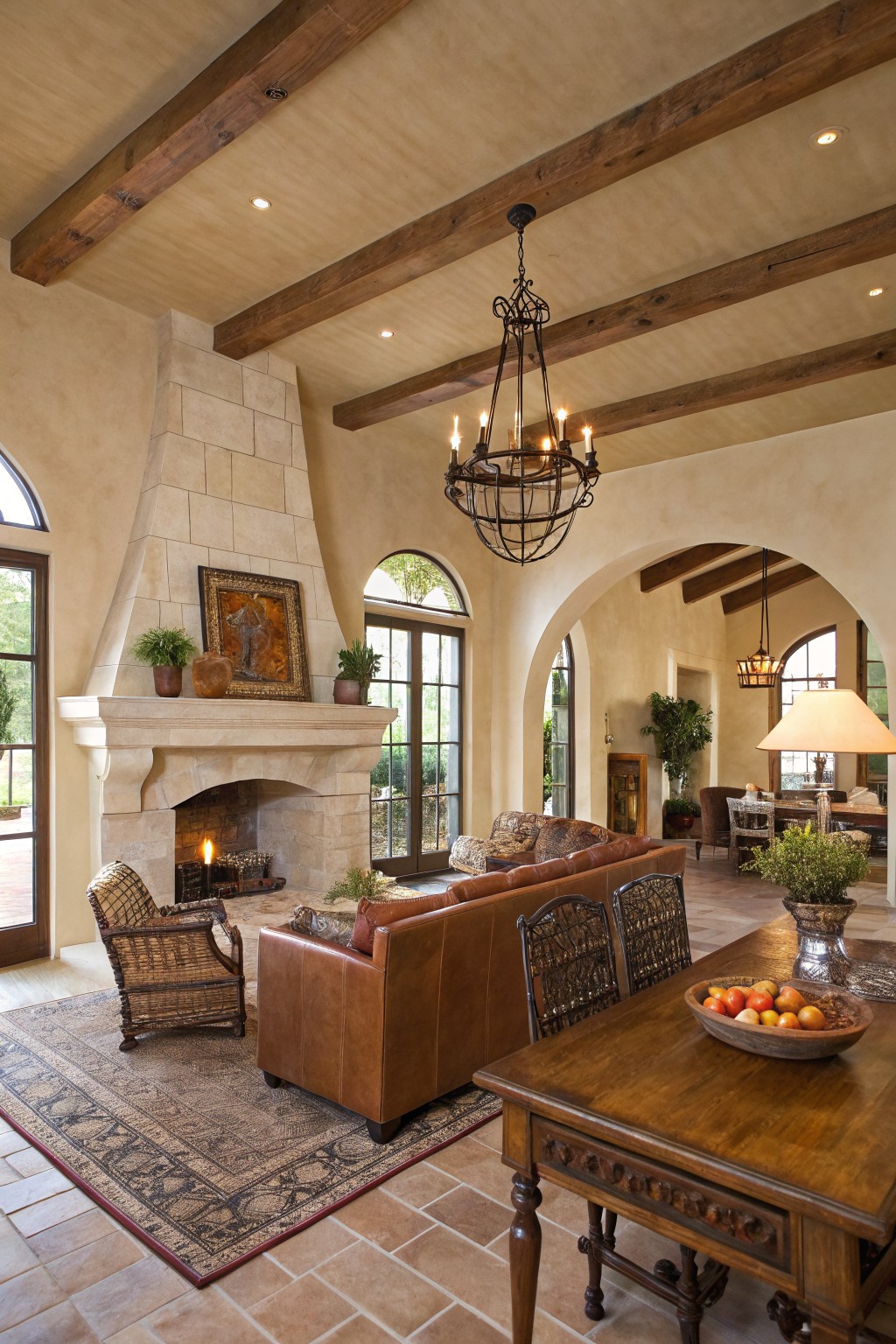 Warm beige walls in a great room with wood beams and a stone fireplace.
