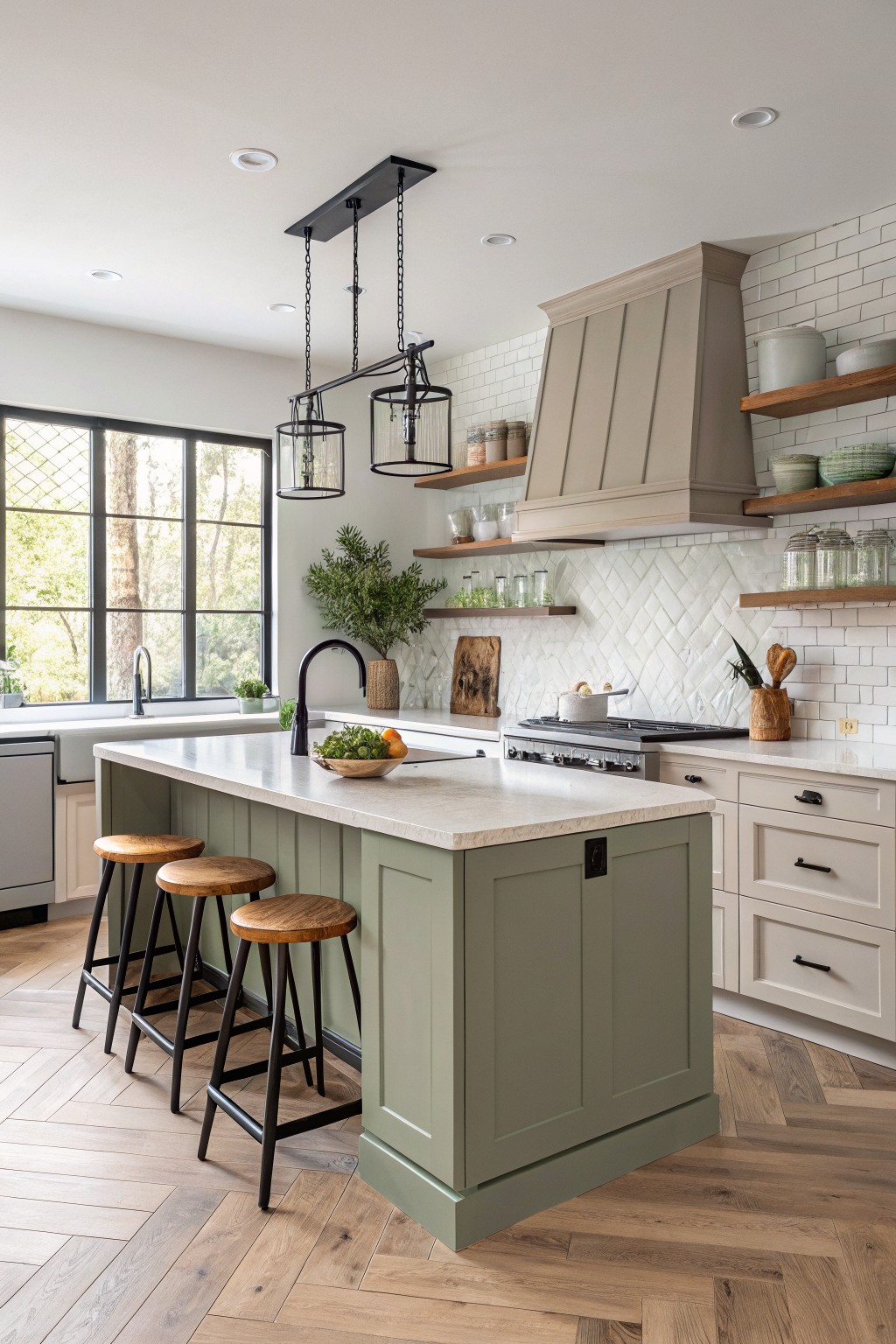 A kitchen island painted in soft sage greige with wood stools and white countertops.