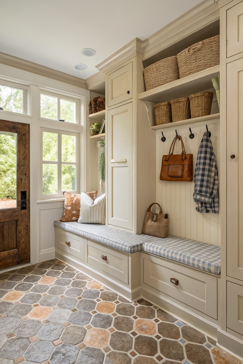 Built-in cream cabinetry and bench seating in a home entryway.