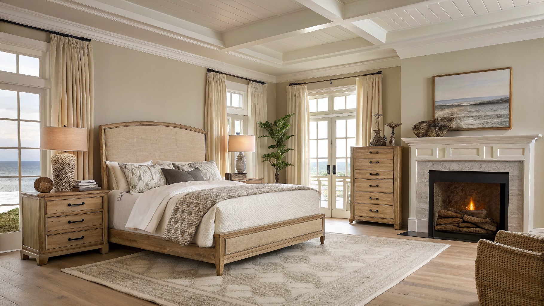 Bedroom walls painted in a soft warm greige beside a white fireplace.