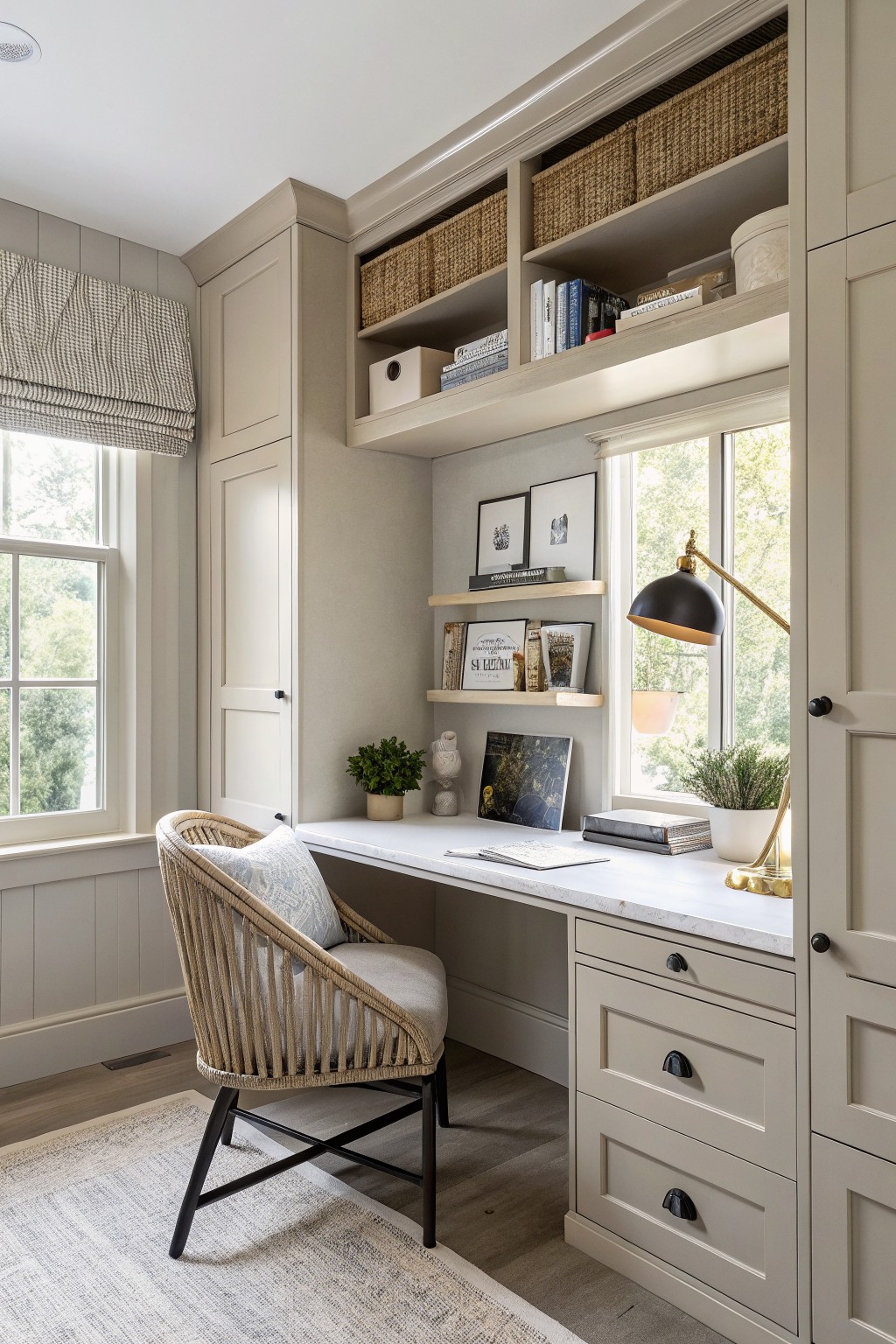 Built-in desk and cabinetry painted in a soft greige color with open shelves above.