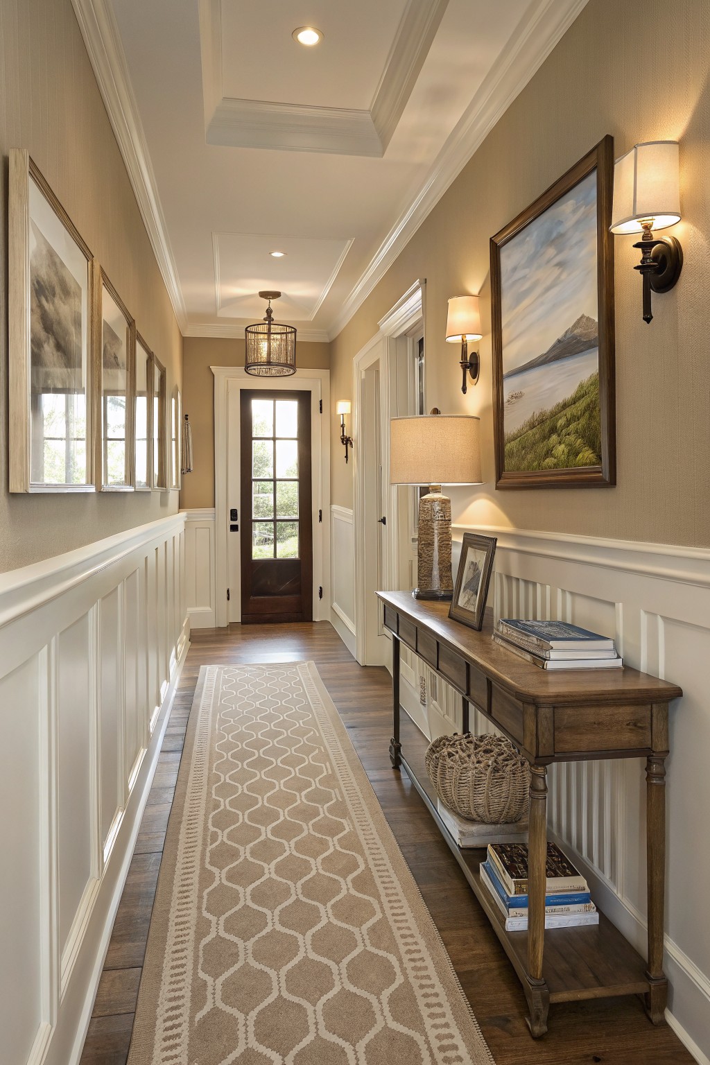 Narrow hallway with patterned runner rug, wooden console table, wall art, and sconces
