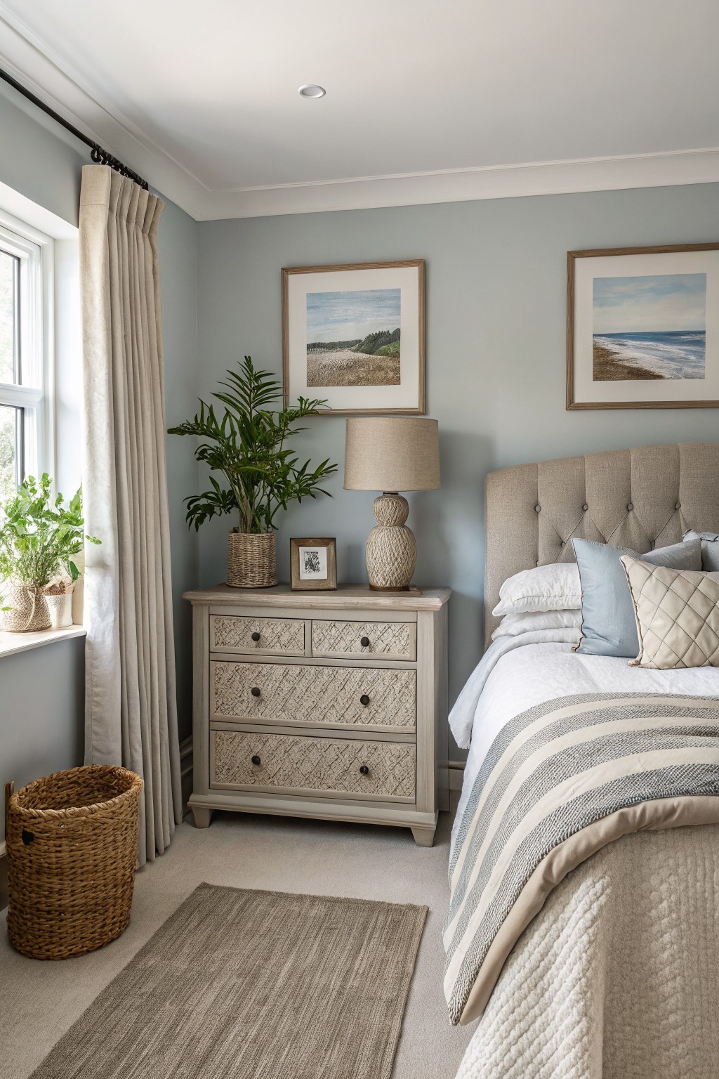 Light blue-gray walls in a bedroom with a wooden dresser and neutral bedding.