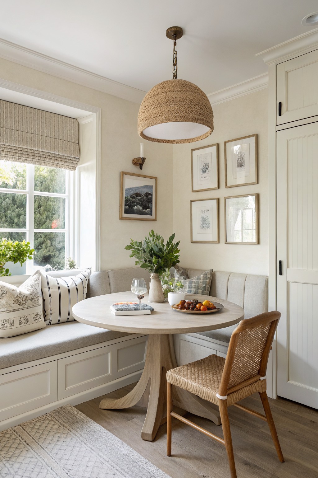 Cozy neutral dining nook with round table, bench, woven chair, and pendant light.