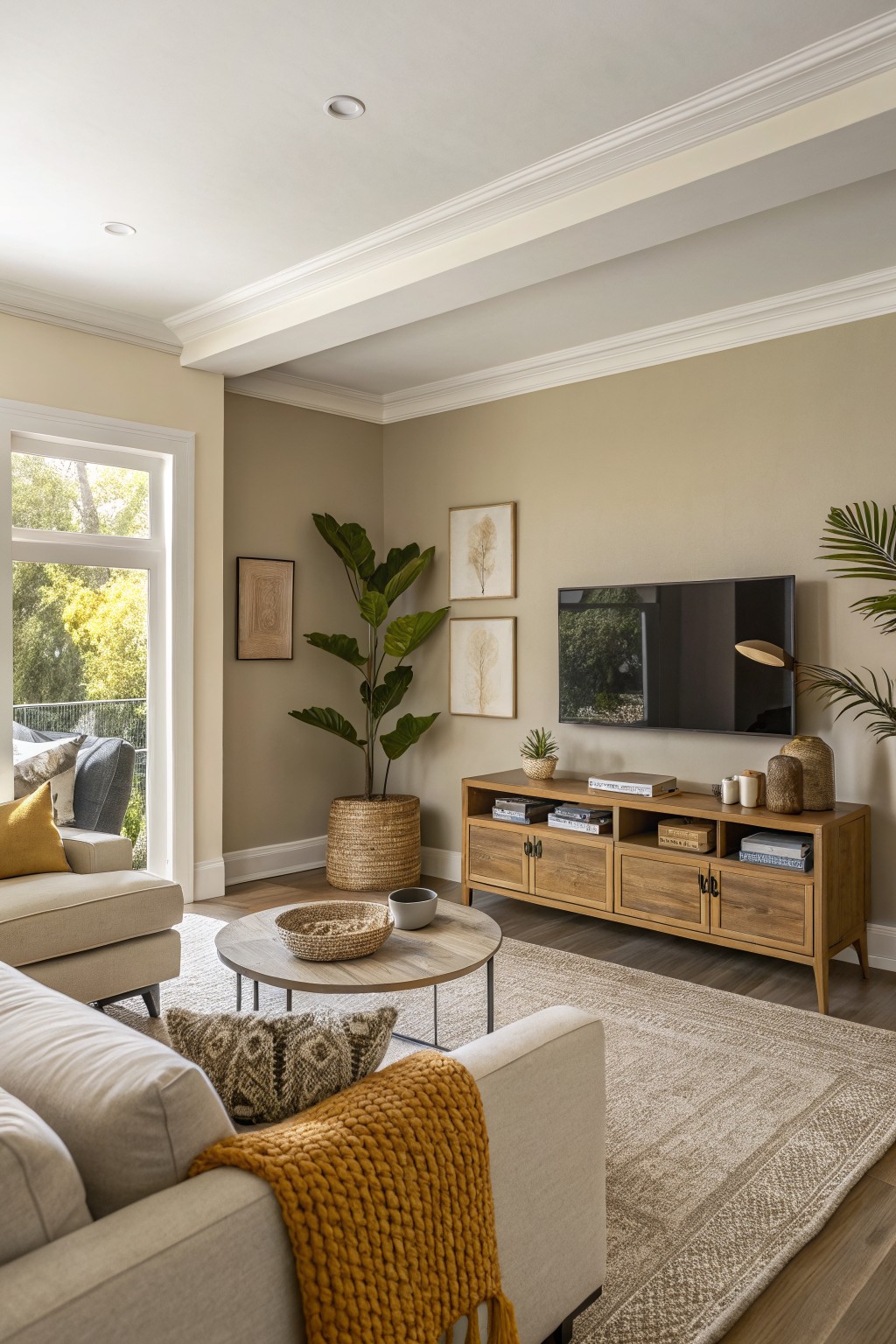Living room walls painted in a soft greige beige.