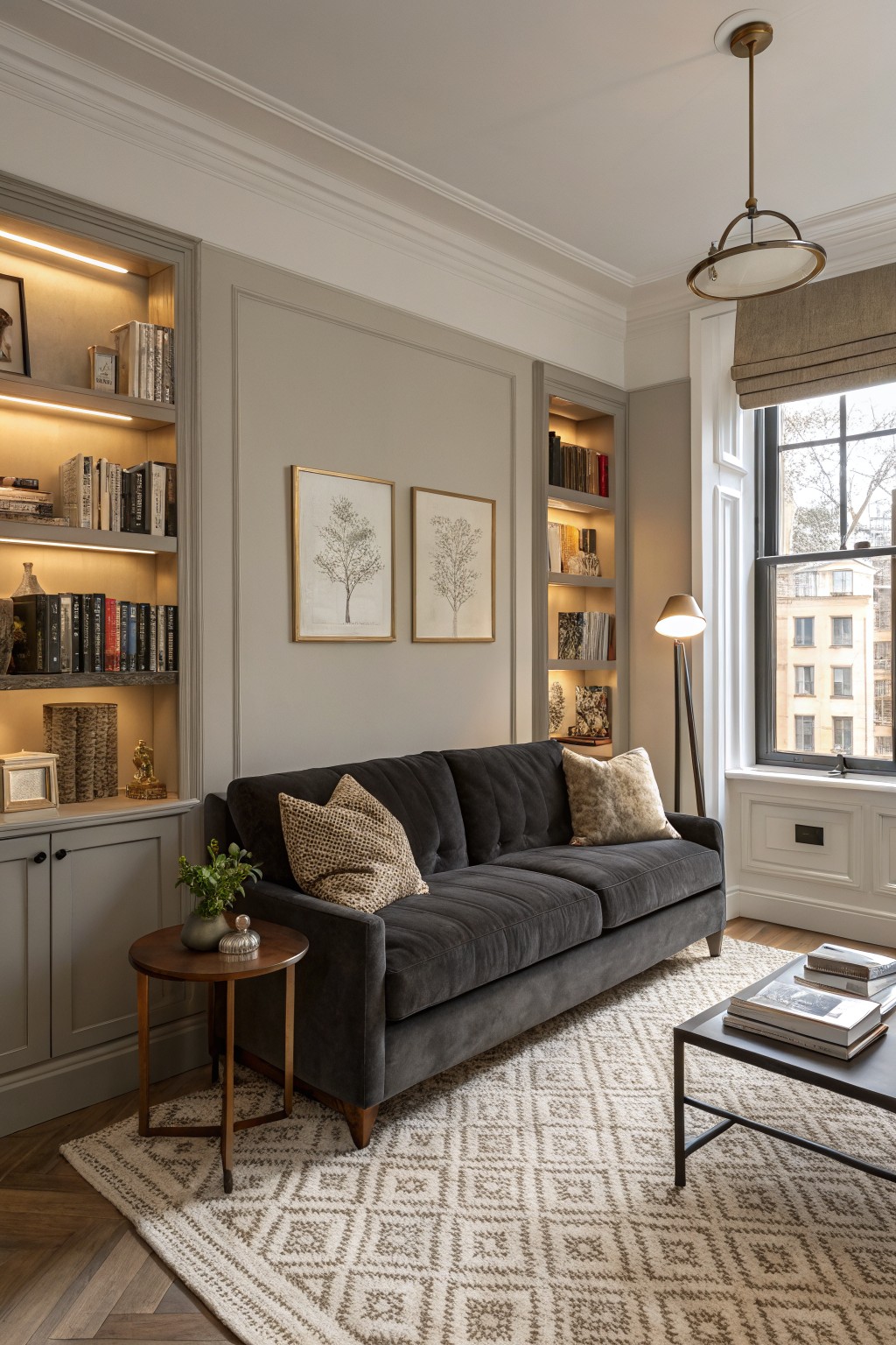 Living room with soft greige walls and built-in bookshelves.