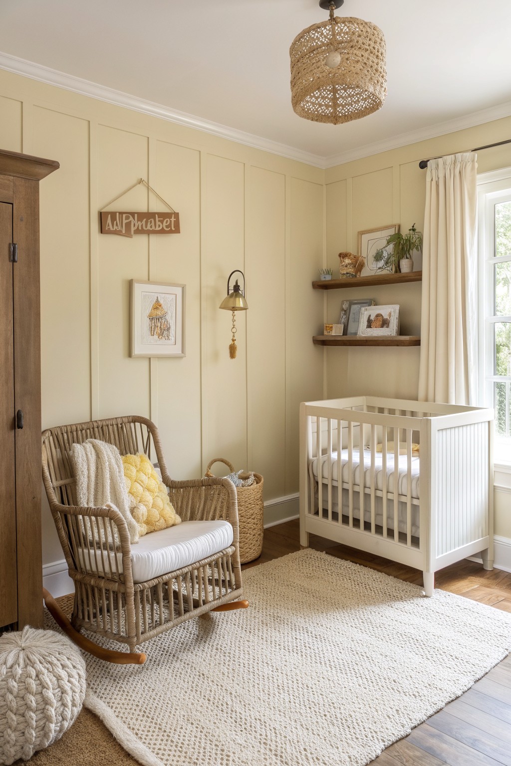 Pale beige walls in a nursery with white trim and wood flooring.
