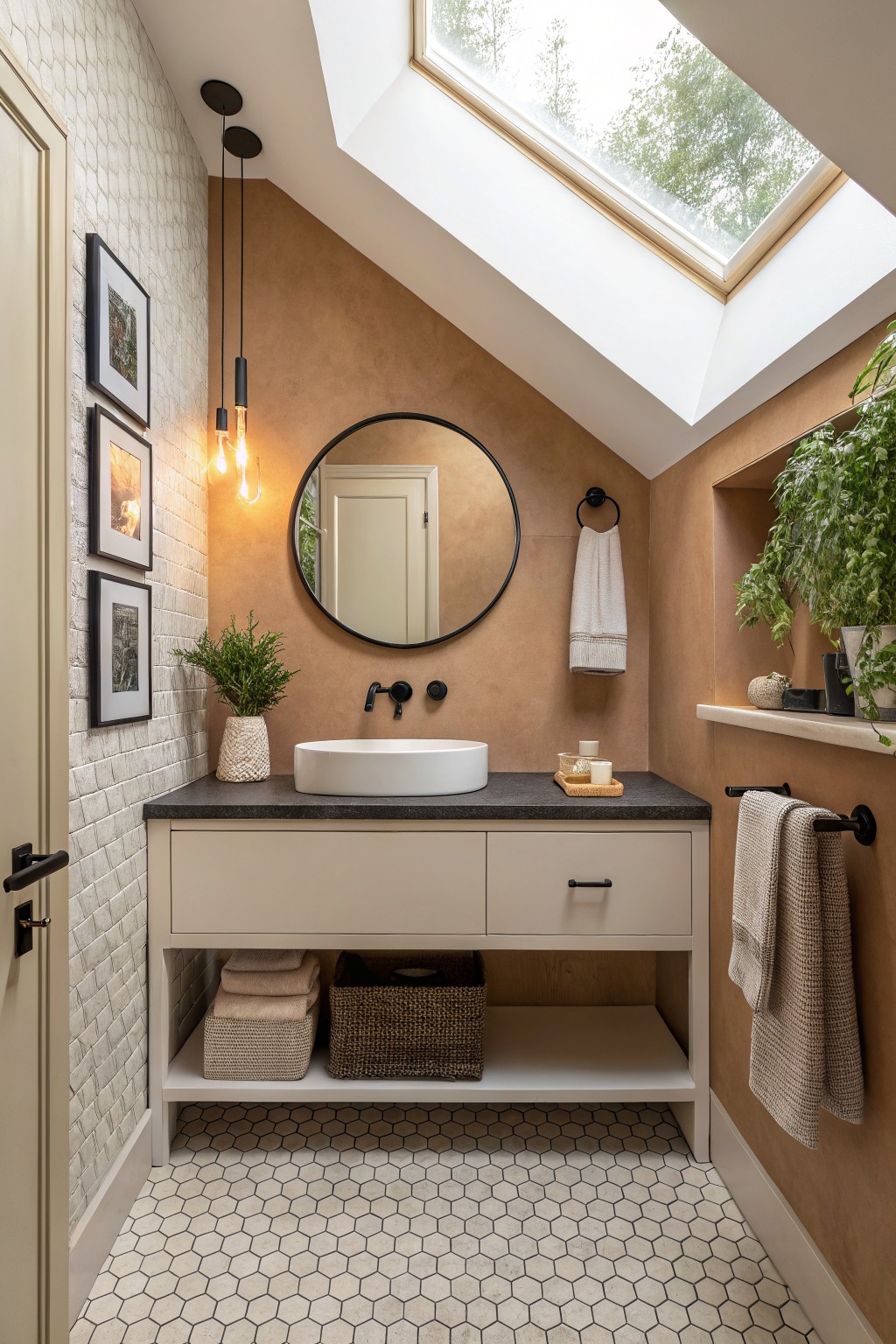 A bathroom with warm beige walls and a round mirror above the sink.