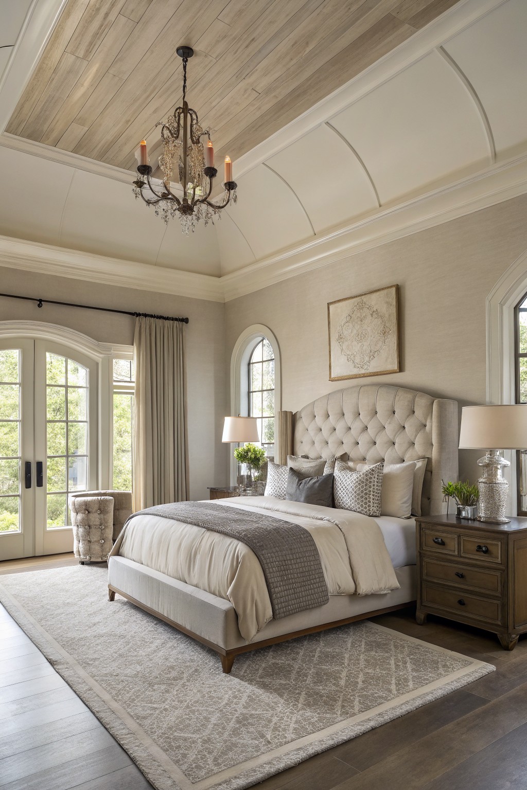 A bedroom with pale greige walls and a large upholstered bed.