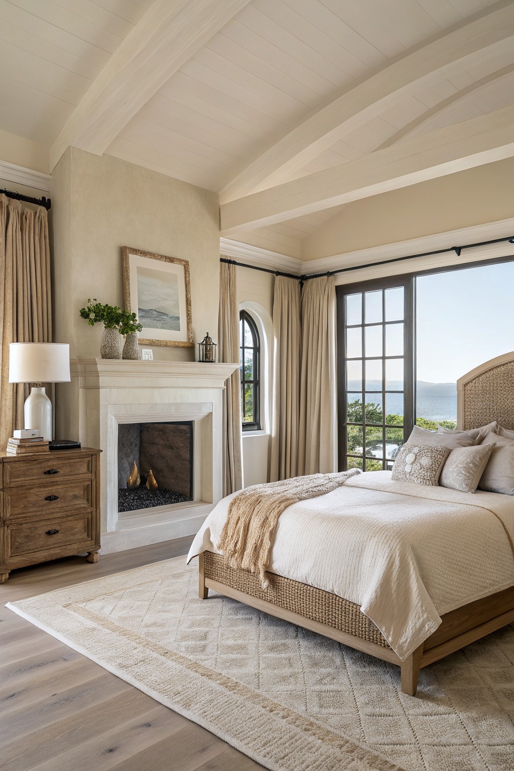 Bedroom walls painted in a soft warm greige beside a white fireplace.