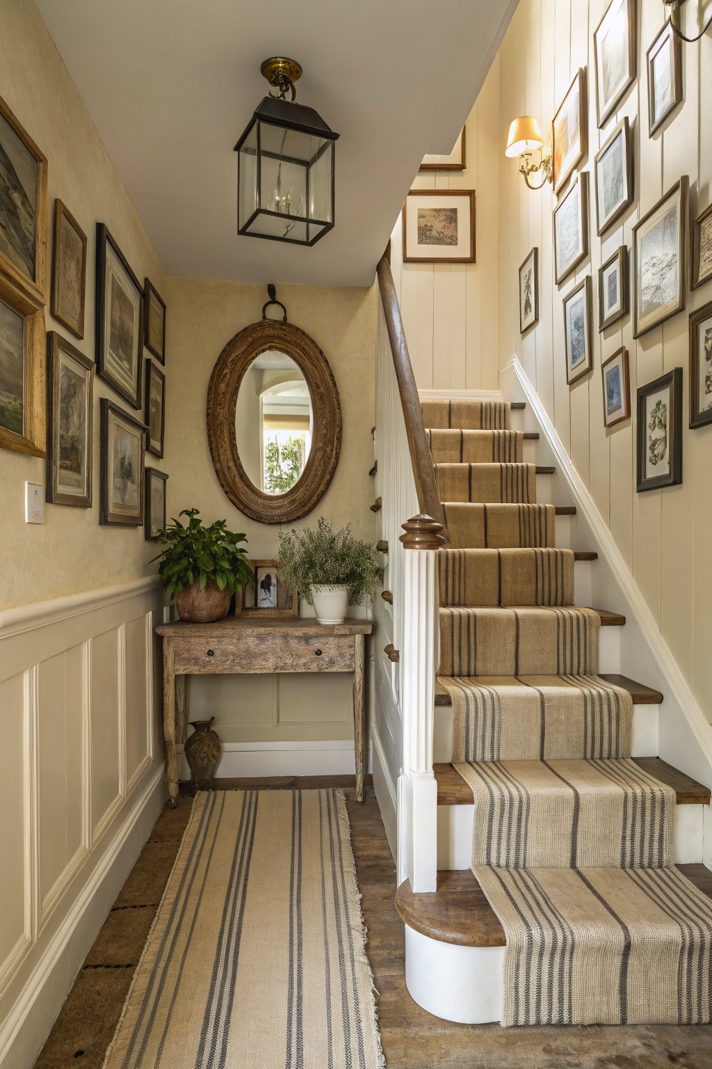 A narrow hallway with warm greige walls and a wooden staircase.