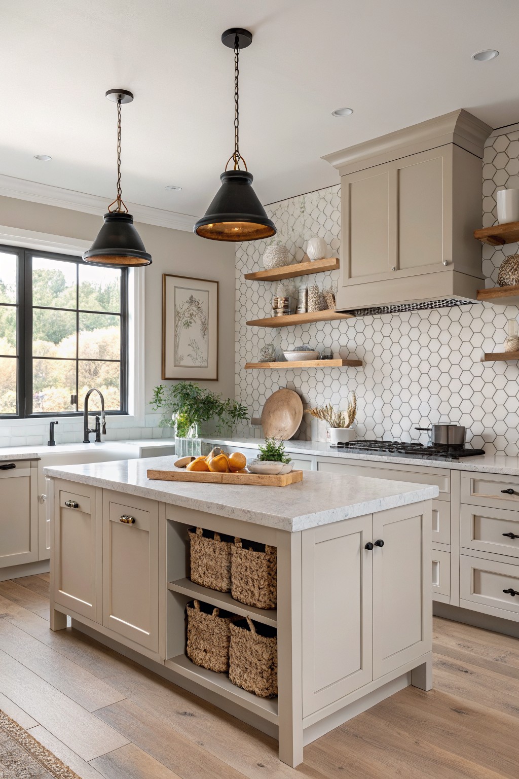 Light greige cabinets and walls in a kitchen with white tile backsplash.