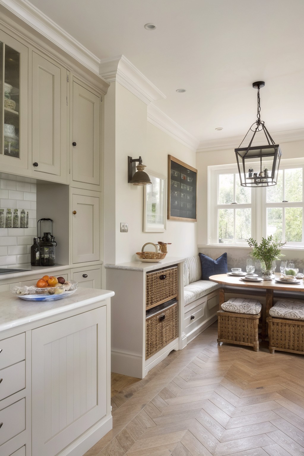 Kitchen with creamy white walls and cabinets beside a built-in bench.
