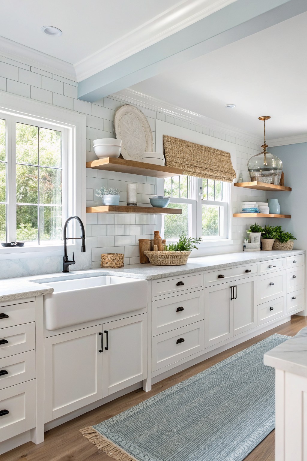 A kitchen with pale blue walls, white cabinets, and a farmhouse sink.