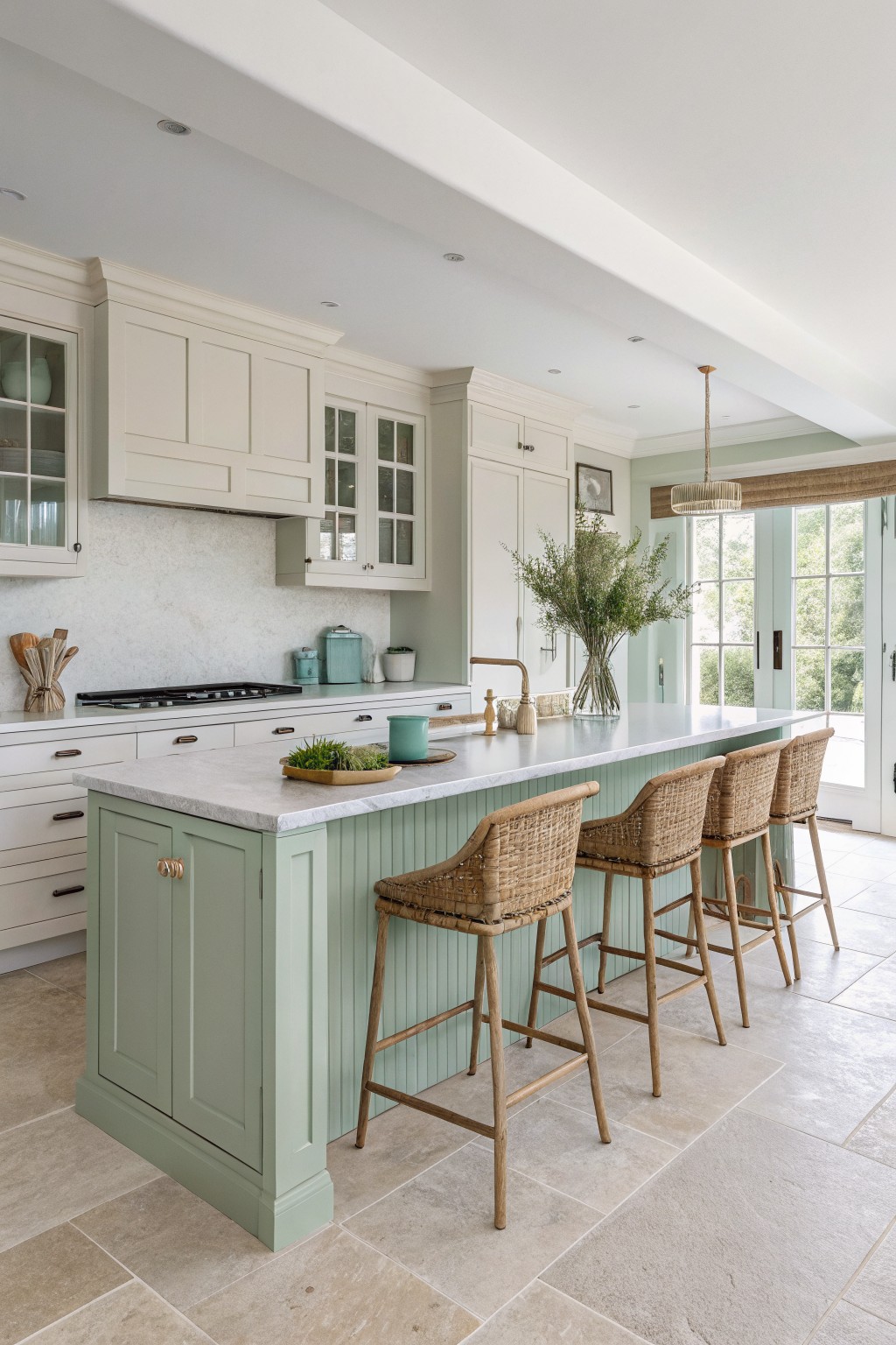 Kitchen island painted in soft sage green with white upper cabinets.