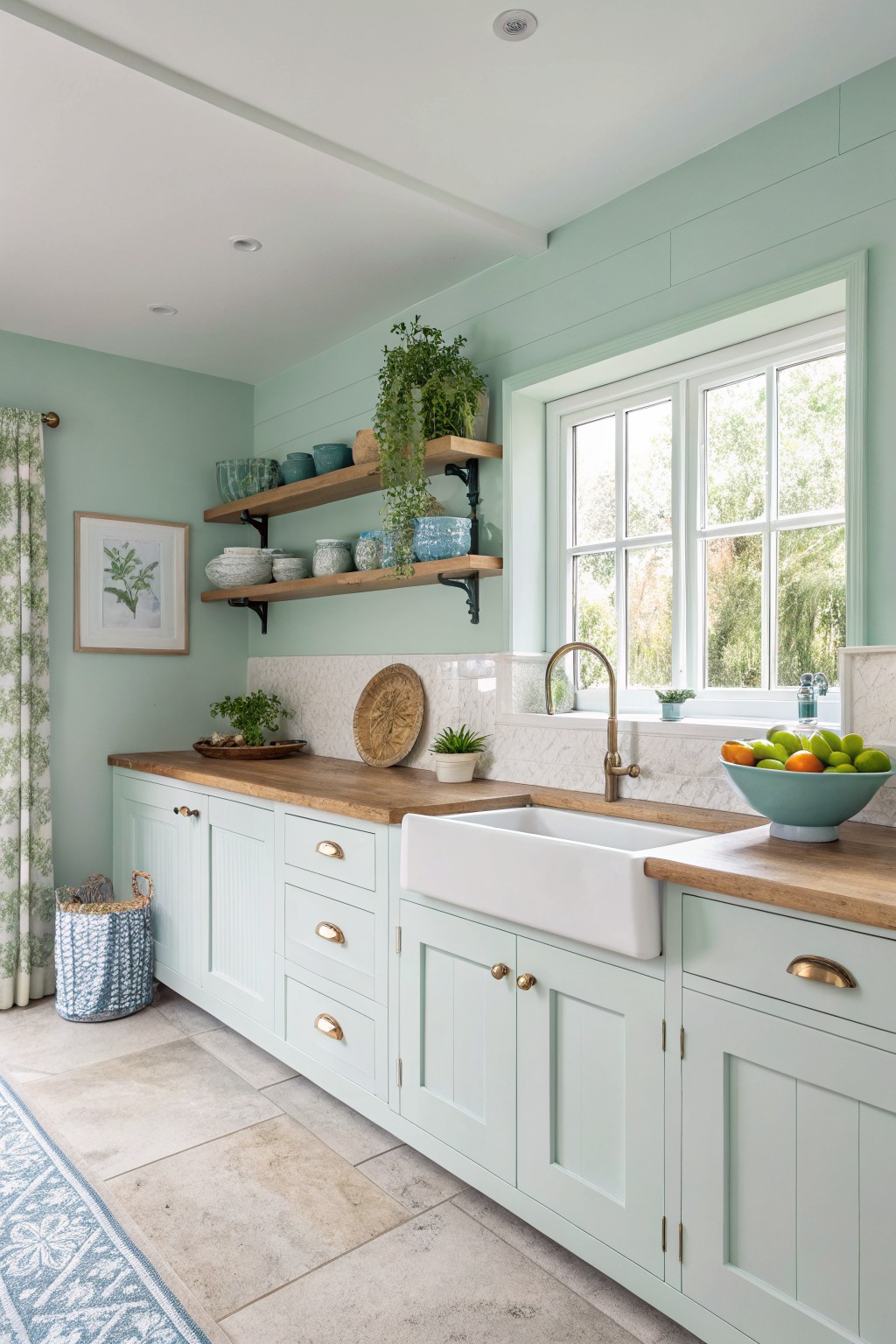 Light mint green walls and cabinets in a kitchen with wood counters and a white farmhouse sink.