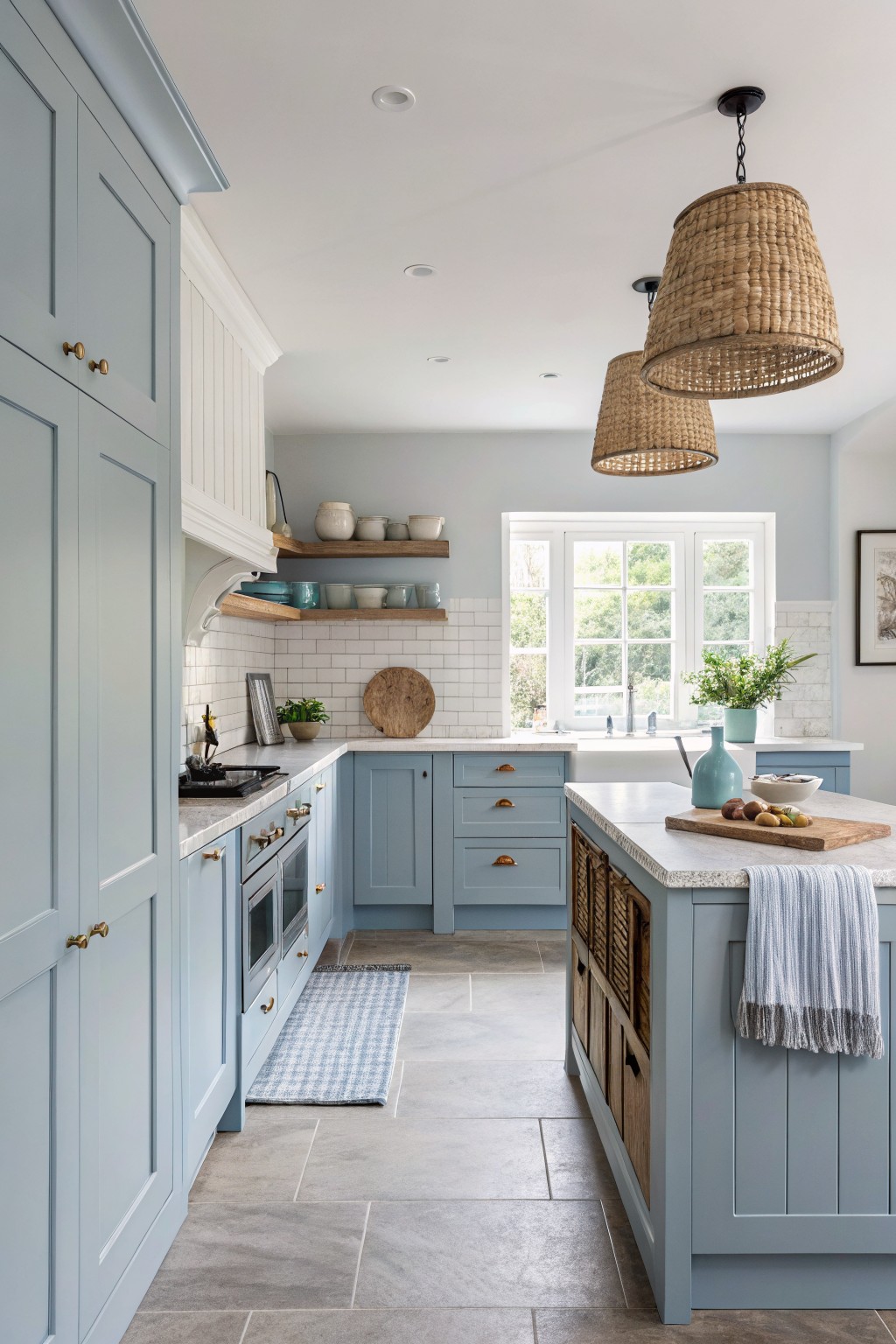 A kitchen with soft blue gray cabinets and white subway tile.