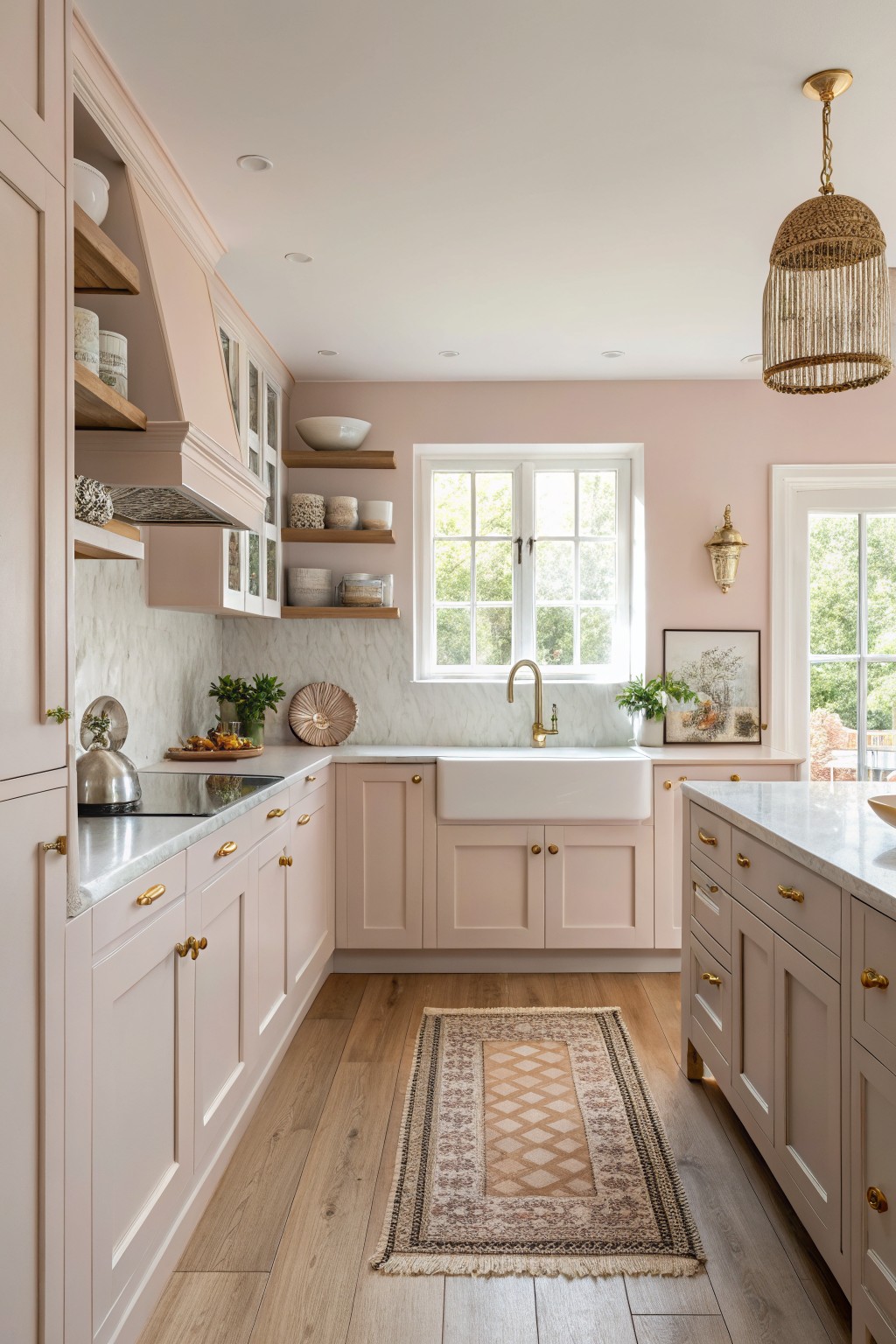 Kitchen with soft blush pink walls and cabinets.