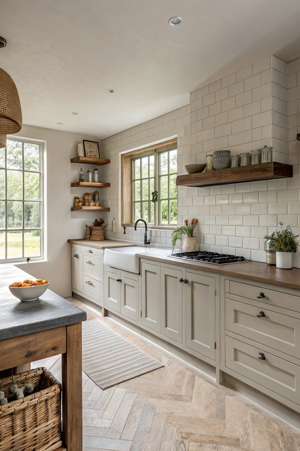 Light greige cabinets in a kitchen with white tile and wood counters.